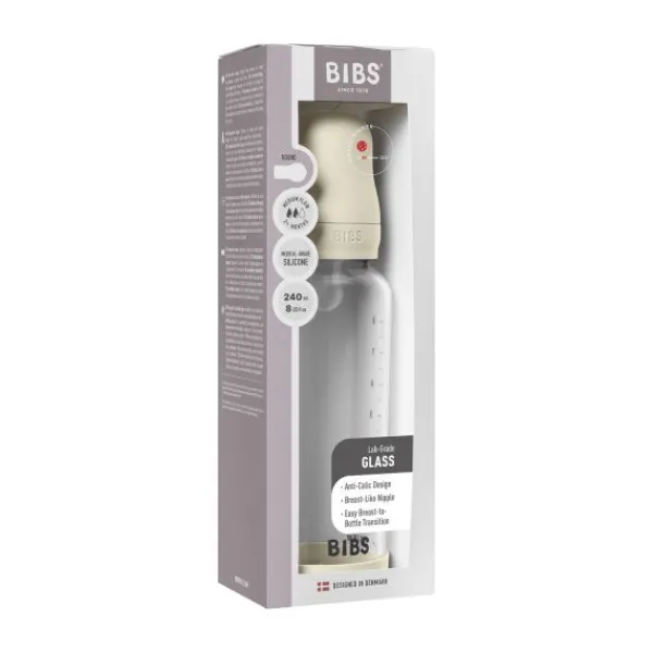 BIBS Fles - Medium Flow - Ronde Speen - 240 ml - Glas/Silicone - Ivory> Flessen