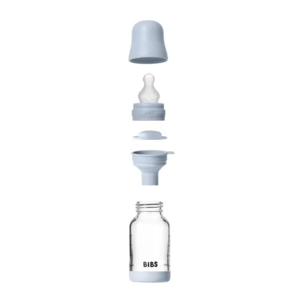 BIBS Fles - Slow Flow - Ronde Speen - 120 ml - Glas/Silicone - Baby Blue> Flessen