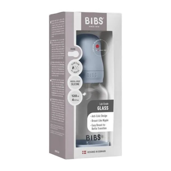 BIBS Fles - Slow Flow - Ronde Speen - 120 ml - Glas/Silicone - Baby Blue> Flessen