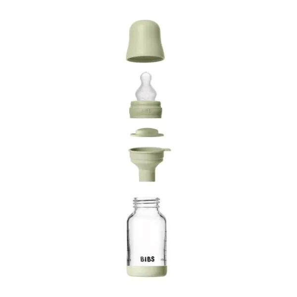 BIBS Fles - Slow Flow - Ronde Speen - 120 ml - Glas/Silicone - Baby Blue> Flessen