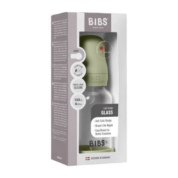 BIBS Fles - Slow Flow - Ronde Speen - 120 ml - Glas/Silicone - Baby Blue> Flessen