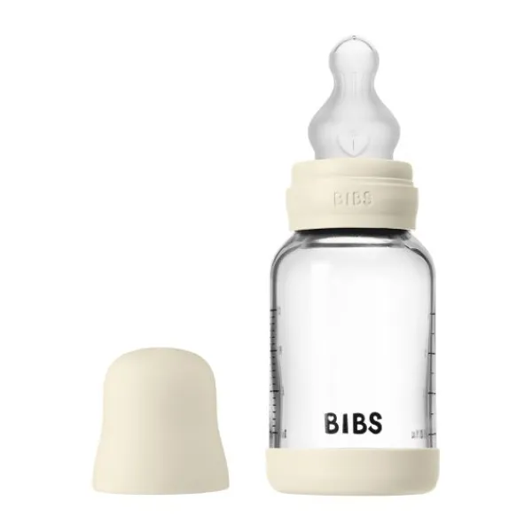 BIBS Fles - Slow Flow - Ronde Speen - 120 ml - Glas/Silicone - Baby Blue> Flessen