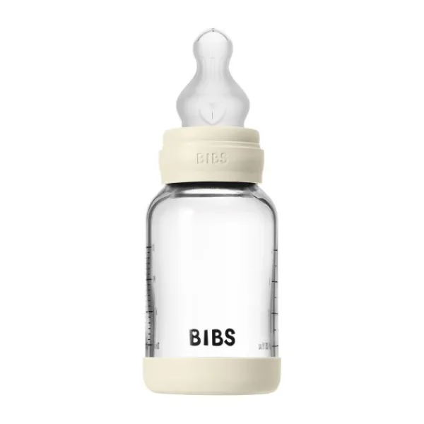 BIBS Fles - Slow Flow - Ronde Speen - 120 ml - Glas/Silicone - Baby Blue> Flessen