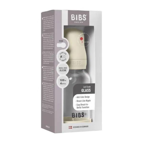BIBS Fles - Slow Flow - Ronde Speen - 120 ml - Glas/Silicone - Baby Blue> Flessen
