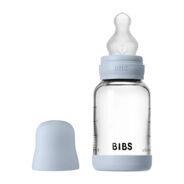 BIBS Fles - Slow Flow - Ronde Speen - 120 ml - Glas/Silicone - Baby Blue> Flessen