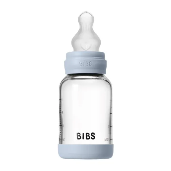 BIBS Fles - Slow Flow - Ronde Speen - 120 ml - Glas/Silicone - Baby Blue> Flessen