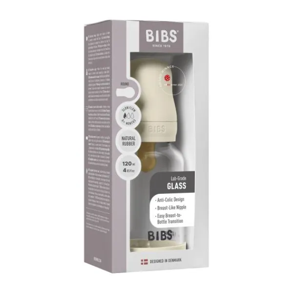 BIBS Fles - Slow Flow - Ronde Speen - 120 ml - Glas/Latex - Baby Blue> Flessen