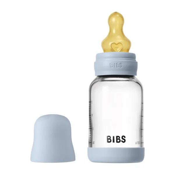 BIBS Fles - Slow Flow - Ronde Speen - 120 ml - Glas/Latex - Baby Blue> Flessen