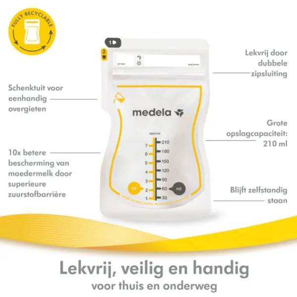 Medela Moedermelkbewaarzakjes Met Schenktuit 210ml 50st> Melk Bewaarzakjes