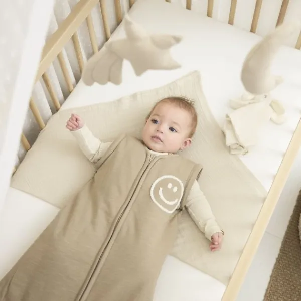 Meyco Baby Slaapzak Met Afritsbare Mouwen Slub Met Smile Applicatie Taupe / Offwhite 70 cm> 4-Seizoenen Slaapzakken|Winter Slaapzakken