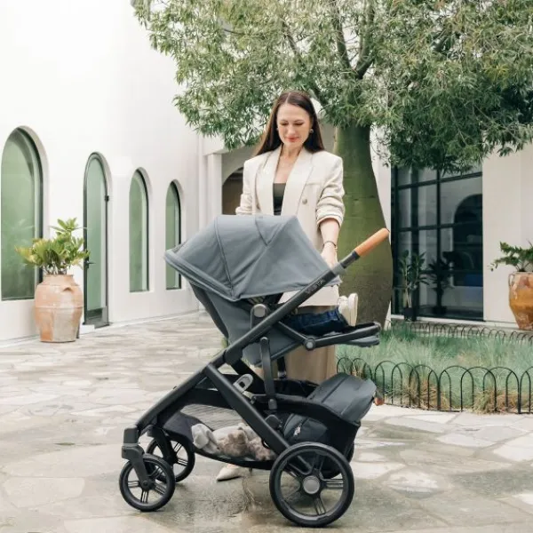 UPPAbaby Kinderwagen 2-in-1 Vista V3 Dillan Stone Blue Met Carbon Frame En Sand Leather> Uitbreidbare Kinderwagens|Tweeling Kinderwagens